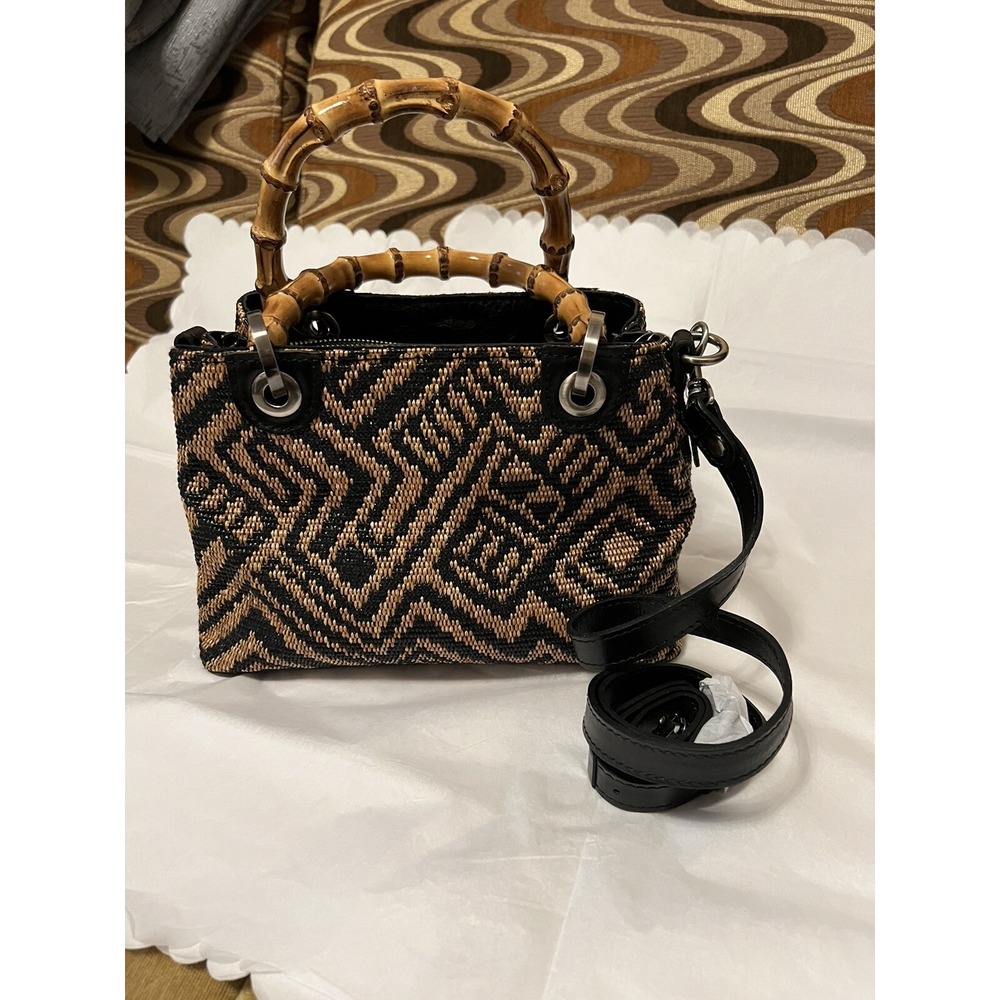 Patricia Nash Hemp Oil Bamboo Handle Beige Black Wicker Inner Pock Crossbody Bag